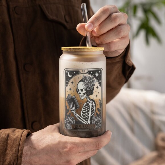 The Reader, Tarot Card Tumbler, Gothic, Skeleton Iced Coffee Cup, Witchy, Pagan - Picture 2 of 7